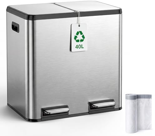 YEAUPE PRO Cubo de Basura Cocina 40L Doble 2x20L Acero Inoxidable, Pedal Soft Close, Cubetas Internas Extraíbles, Asas Laterales, Control de Olores, 15 Bolsas Incluidas