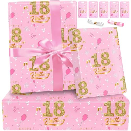 Presentpapper 18 år gammal rosa guld födelsedag presentpapper lyxigt rosa presentpapper för ung kvinnlig kvinna det set med 5 ark tjockt presentpapper för födelsedagspresent