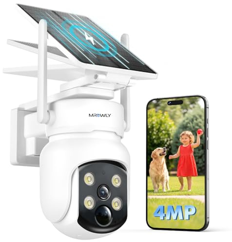 Mrowly Camara Vigilancia WiFi Exterior Solar 2 en 1, 4MP/2.5K Camara sin Cables, 360° Cobertura, Fácil Instalación, 2.4/5 GHz WiFi, Visión Nocturna en Color, PIR, SD/Nube
