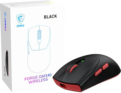 MSI Forge GM340 trådlös svart trådlös/trådbunden spelmus, 1 2 000 DPI, 1 000 Hz frågefrekvens, symmetrisk design, 50+ miljoner klick, 6 knappar, batteritid 82 timmar, fördröjning 1 ms, 57 g
