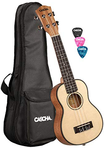 CASCHA Sopran Ukulele, Massive Fichtendecke, Solid Top, Hawaii Gitarre Set mit Aquila-Saiten, Zubehör, und 3 Plektren