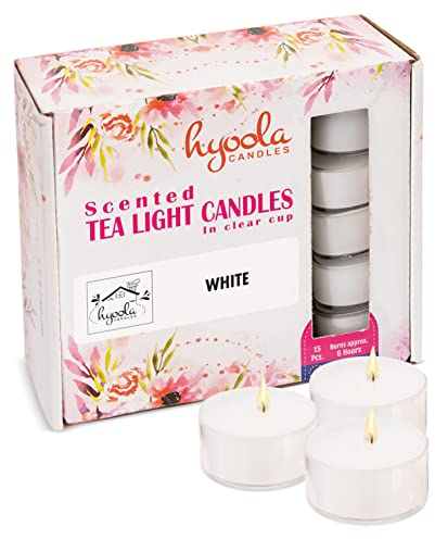 Hyoola Velas de Té Perfumadas – Velas Candelitas en Vaso Transparente – Velas Aromáticas de Color Blanco - 6 Horas de Combustión - Pack de 15 – Hechas en Europa