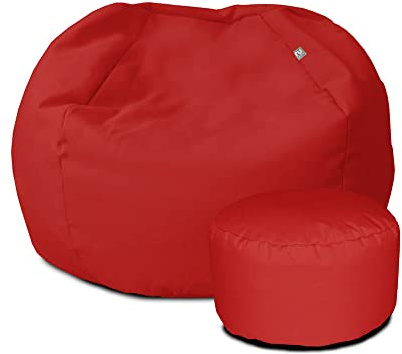 rucomfy Beanbags Small Kids Indoor/Outdoor Bean Bag. Children's Outside Garden Chair. Pre-Filled Water Resistant & Durable. 50cm x 65cm (Red, with Footstool)