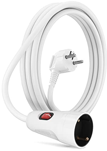 MutecPower 3 meter förlängning med strömbrytare på Schuko-förlängningskontakten med säkerhetsbrytare - 90° vinklad kontakt och skyddskoppling IP20-kontakt och koppling upp till 250 V, 16 A - 3 m vit