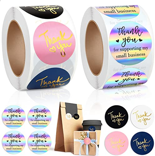 1000Pcs 1.5Inch Thank You Stickers, Holographic Thank You for Supporting My Small Business Stickers Thank You for Your Order Stickers Labels Packing Supplies for Baking Envelopes Gift Wraps Crafts