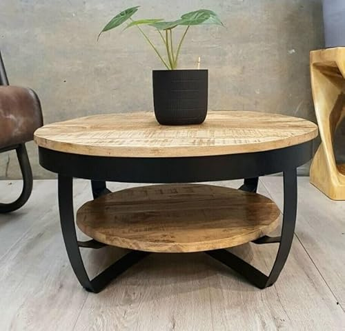 Rustic Coffee Table Vintage Industrial Round Solid Wood Large Storage Shelf Wooden Living Room Furniture Metal Farmhouse Retro Side End Display Cabinet Unit