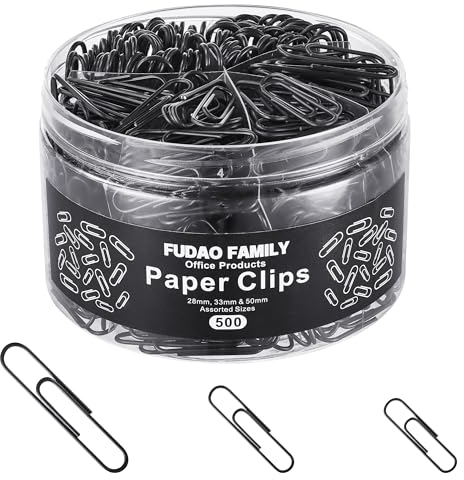 FUDAO FAMILY 500pcs Paper Clips Assorted Sizes, Small, Medium and Large（1.1inch, 1.3inch and 2inch Paper Clips, Vinyl Coated Paperclips for Office, School, Home Supplies (Black)