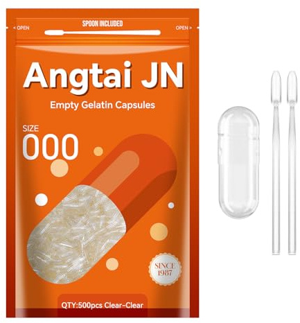 AngtaiJN Capsule Gelatina Vuote 000-Capsule Vuote Trasparenti da Riempire con 2 Microcucchiai, Capsula di Gelatina 000 Fai Da Te Compatibile con il Riempitore di Capsule Misura 000, 500 pezzi