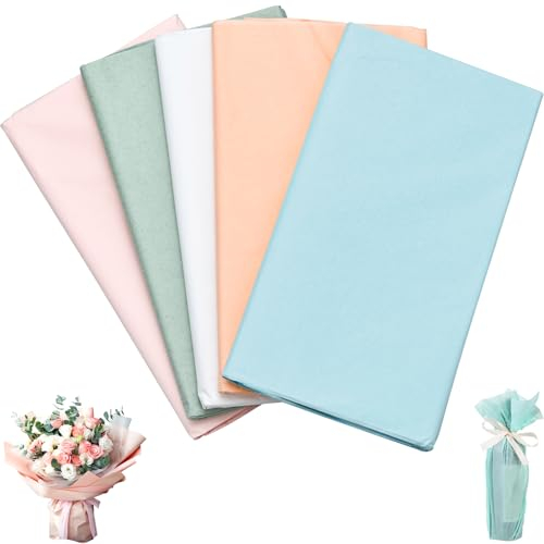 100 Blatt Seidenpapier, Geschenkpapier 50 X 70 Cm, Glanzpapier, Seidenpapier mit 5 Farben für Dekorieren und Verpacken, Basteln von Pompons