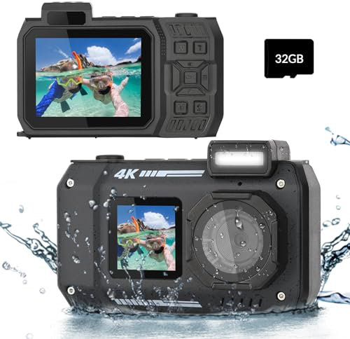 Underwater 4K Camera - 33 FT Waterproof with Dual Screens, 48MP, 18x Zoom, Black
