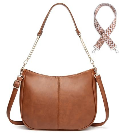 LUXCAELY Modische Damen Handtasche Hobo, Umhängetasche aus PU Leder mit Kette und verstellbaren Schultergurten - Ideal für Arbeit, Reisen und Freizeit - Braun