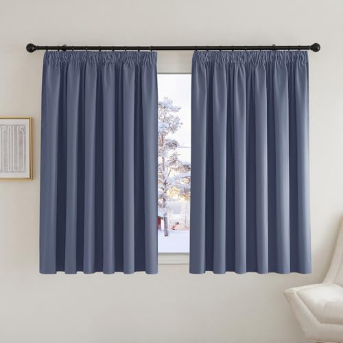 PONY DANCE Extra Wide Thermal Insulated Curtains - Pencil Pleat 54 Inch Drop Blackout Curtains & Drapes for Bedroom / Living Room , 2 Panels, W 90 inch by L 54 inch, Haze Blue
