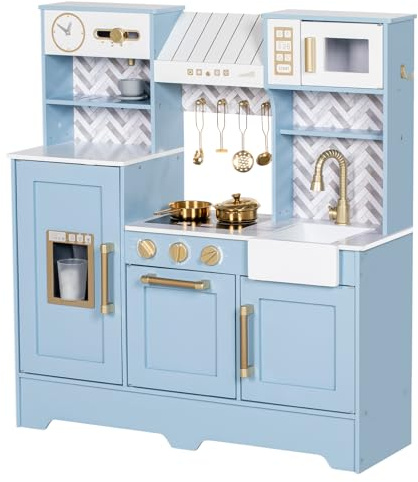 BRINJOY Play Kitchen, Children's Play Kitchens with Oven, Stove, Sink, Apron, Ice Maker, Cookware,Toy Kitchen Set for Toddler Girl Boy Age 3+，Kids Kitchen Blue (Blue)