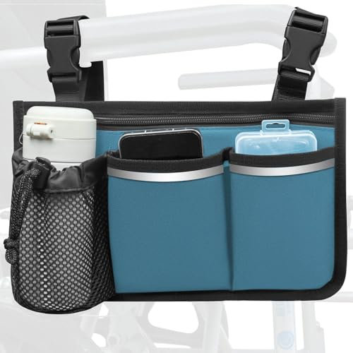 SHIFANQI Wheelchair Bag, Walker Bag, Armrest Organizer Pouch with Cup Holder Attachment and Reflective Strip, Accessories for Most Wheelchairs, Walkers, Rollators (Sea Blue)