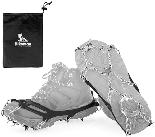 HIKEMAN Ice Cleats Traction – Removable Ice Snow Grips Anti Slip Snow Shoe Spikes, 19 punte Crampons for Boots for Walking, Jogging, Climbing and Hiking (nero, L)