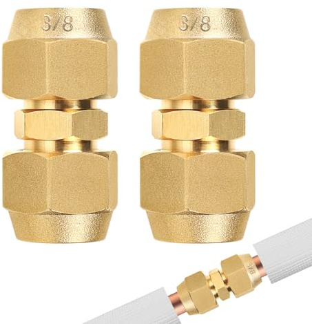 SUPAWAY 2 Stück Doppelnippel für Kupferrohre 3/8'' Klimaanlage Verschraubung Klimaanlagen-Kupferrohrverlängerung Ohne Schweißen Kupferrohrdurchmesser 9,52 mm Kupferrohre Zubehör mit 2 Überwurfmutter