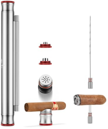 Tragbare Zigarren Humidor Edelstahl Zigarrenrohr, 5 In 1 Reise Zigarrenetui mit Luftbefeuchter, Zigarrenpunsch, Zigarrenhalter und Zedernholz Futter Zigarrenkoffer mit Geschenkbox (Silber)