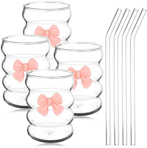 4 Pack 12 OZ Pink Bow Glass Cup with Straws Iced Coffee Cups Ripple Glass Drinking Tea Juice Cup Water Glasses Tumblers Bows Inspired Coquette Wave Shape Cute Mugs for Women Christmas Birthday Gift
