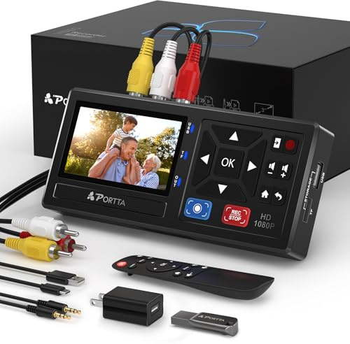 Portta Convertidor VHS a Digital con Unidad Flash USB 3.0 de 128 GB, grabadora de Video a Digital Compatible con VHS, VCR, DVR, DVD, Hi8, Mini Reproductores DV, videocámara (VHS/Cintas/Reproductor de