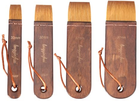Longyinzhai Juego de 4 pinceles de merluza (Tamaños 20,30,40,50) - Pinceles de lavado de acuarela de mezcla de lana - Mango corto de abedul teñido