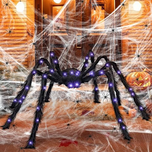 TISMHGKU Halloween Spinnen Riesiges,125 cm LED Riesen Spinnen Halloween Dekorationen,Riesenspinne Halloween Deko,mit 20 kleine Schwarze Spinnen,60g Spinnennetz,für Halloween Party,Garten Outdoor Deko