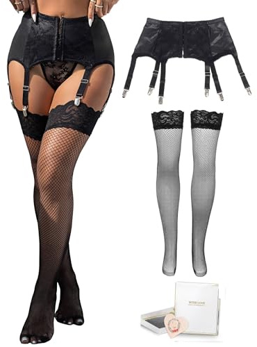 comeondear Reggicalze Donna Vita Alta in Pelle PU con Calze Autoreggenti con 6 Clip Regolabili in Metallo Giarrettiera Elastica Taglie Forti Sexy Guepiere Pizzo Lingerie 2-Nero+Calze,M