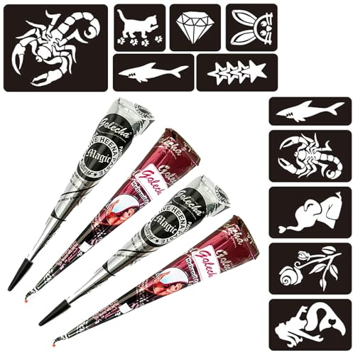 Naturic 4x Henna Tattoo, Temporäre Tattoo + 11x Henna Tattoo Schablone, Temporäre Mehndi Tattoos, Natürliche Kegel, Tattoo sticker, Temporäre Tätowierung Schwarz, Rot Braun