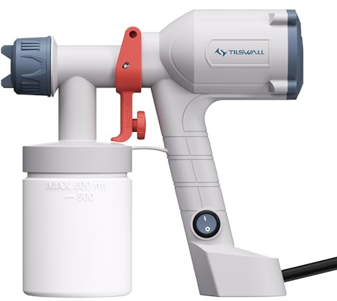 Tilswall Farbsprühsystem Lackierpistole,Ultra-leichte Elektrische Farbsprühgerät mit 600ml Farbbehälter, 2 Düsen & 3 Sprühmustern, Farbspritzpistole für Wandfarbe, Möbel, Schränke, Weiß