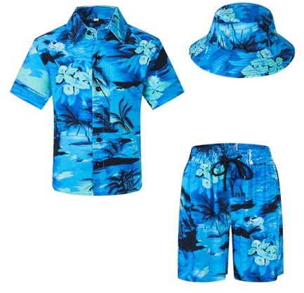 SPKPKEY Ensemble chemise hawaïenne boutonnée à manches courtes et short avec chapeau cloche pour garçon, Bleu et palmier, 11-12 ans