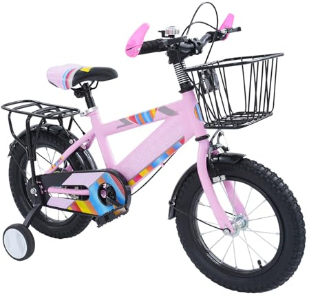 QTREIDG Barncykel 14 tum för flickor med stödhjul, barncykel 3–6 år upp till 50 kg, barncykel med korg ringklocka och kedjeskydd, höjdjusterbar sits cykel barn, rosa
