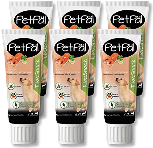 PetPäl Saucisse pour Chiens TuboSnack - Lot de 6: Crème de Saumon en Tube - Premium Friandise naturellement délicieuses sans Céréales, Sucre, Sel - Aussi pour Les Chiots - Made in Germany