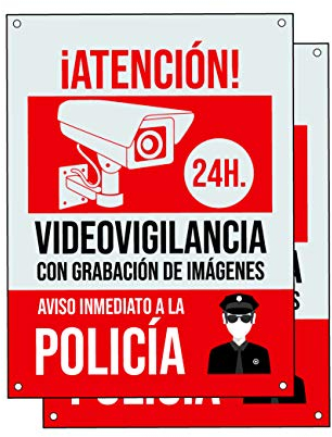 Cartel videovigilancia - Placa alarma conectada - Carteles zona videovigilada - Aviso a la Policía 20x15 cm Rojo Interior/Exterior (2 Piezas Cartel videovigilancia)