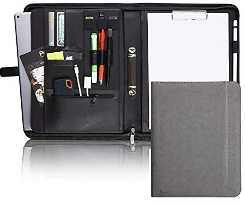 Vebon® Schreibmappe Ringbuch A4Paris I Reißverschluss + Klemmbrett I Konferenzmappe + Laptoptasche I extra Stauraum I Kunstleder I Grau