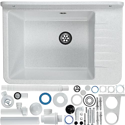 GOSPO Ausgussbecken aus Polypropylen, 50,5 x 34 x 26,5 cm, Haushaltsspülbecken, Spülbecken mit professionellem Siphon und Montageset, Waschbecken (Weiß)