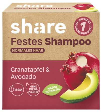 share Festes Shampoo Granatapfel & Avocvado 60 g – Shampoo Bar spendet ein Hygieneprodukt an einen Menschen in Not – festes Haarshampoo mit wertvollen Ölen – vegane Naturkosmetik