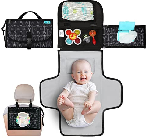 Kopi Baby Portable Diaper Changing Pad - Baby Diaper Changer Travel Bag with Wipes Pocket, Smart Design Portable Changing Mat, Infant Travel Station Kit, Gift for Newborn - Black Arrows, Classic