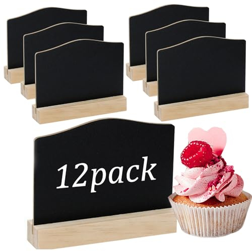 12 Stück Mini Kreidetafel mit Ständer, Holz Kreidetafel Klein mit 2 Stifte und 2 Radiergummis, Kleine Tafeln zum Beschriften für Buffettisch, Geburtstagsparty, Platzkarte