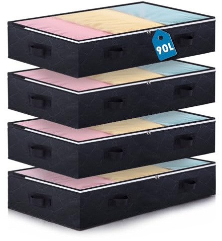 Boic 4 Packs 90L Underbed Storage, Foldable Under Bed Storage, Large UnderbedStorage Boxes With Lids, Fabric Clothes Storage Bag Storage Organizer For Clothes Quilts Blankets Bedding (Black)