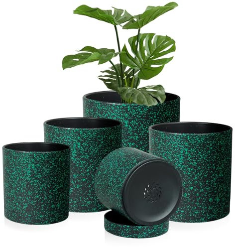 Homeuouz 5 Packs Blumentopf mit Untersetzer, 17.8cm/15.2cm/14cm/12.7cm/10.2cm Pflanzentopf, Plastik Übertopf, Blumentöpfe Set Ideal für Innen und Balkongärten, Schwarz mit grünen Punkten