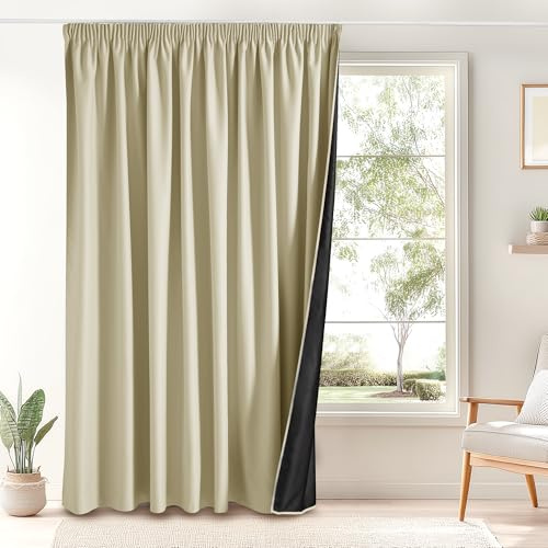 PONY DANCE Verdunkelungsvorhang mit Kräuselband 1er Set H 245 x B 300 cm Extra Breite Vorhänge für Schienensystem Thermovorhang Hitzeschutz Wohnzimmer Vorhang Blickdicht, Hellbeige