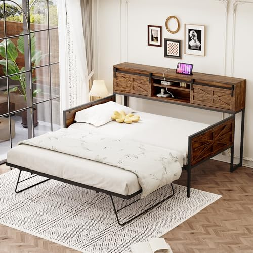 Oxtao Sofá cama de hierro 90 x 200 cm, sofá cama extensible con varios compartimentos y enchufes multifuncionales USB, plancha individual, cama adolescente (negro + marrón)