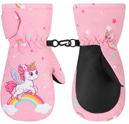 MoKo Kinder Skihandschuhe, Winddicht Wasserdicht Winterhandschue Warm Fäustlinge Sport Handschuhe für Skifahren Radfahren Snowboarden Outdoor-Aktivitäten für Jungen Mädchen von 4-6 Jahren - Rosa