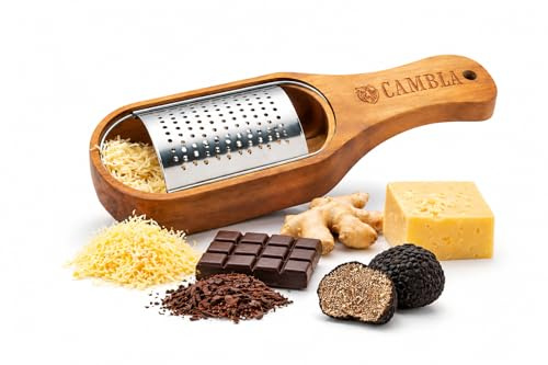 CAMBLA - Grattugia manuale per formaggio, limone, zenzero e cioccolato, in acciaio inox e legno naturale, design elegante e durevole