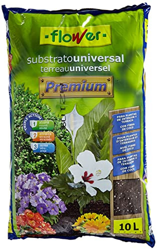 Flower - Substrato Universal Premium 10L, Ideal para Plantas de Interior, Exterior, Orquídeas y Monstera, con Perlita y Fibra de Coco, Enraizamiento y Aireación, Marrón, 29x6x46 cm