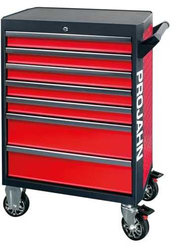 Projahn Werkstattwagen GALAXY mit 210-teiliger Bestückung, Werkzeugwagen mit 7 Schubladen, Werkstattschrank mit 4 Rollen, Rot/Anthrazit, abschließbar 5501-121
