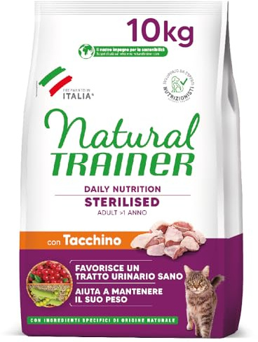 Trainer Natural Cat Sterilised Adult con Carni Bianche e Fibra di Pisello 10 Kg, 10000 Gr