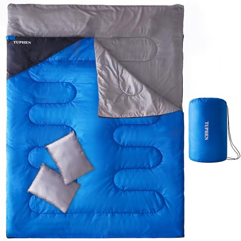 Tuphen Doppelschlafsack, Schlafsack mit 2 Kissen, Queen Size XL Tasche für 2 Personen, kaltes warmes Wetter- 3 Jahreszeiten, wasserdicht Erwachsene Schlafsack für Camping, Backpacking oder Wandern
