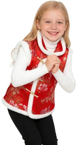 SZCQ Girl Vest Coat Fleece Quilted Chinese New Year Kids Outfits Traditional Tang Tank Tops Red(S)