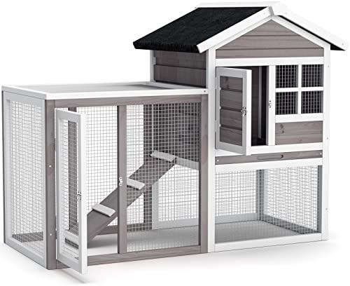 Tangkula Wood Rabbit Hutch, Outdoor Indoor Bunny Cage with Run, Removable Tray, Ramp, Ventilate Door, Waterproof Roof Chicken Coop Pet House for Chicken Rabbit Guinea Pig, 48.5 x 25 x 37 Inch, Grey