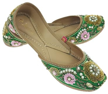 Fulkari Women's Bergenia Green Gold Genuine Soft Leather Embroidered Jutis | Bite and Pinch Free Jutti | Punjabi Formal Juttis | Girl's Wedding Flat Ladies Mojari | Formal Ethnic Juti |38